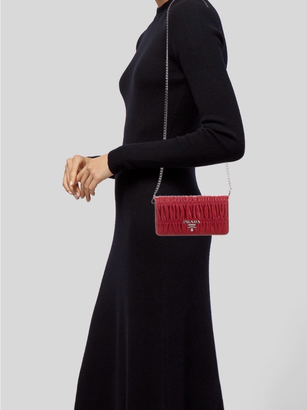 Prada Red Gaufre large wallet Bag with Silver Chain w/ COA